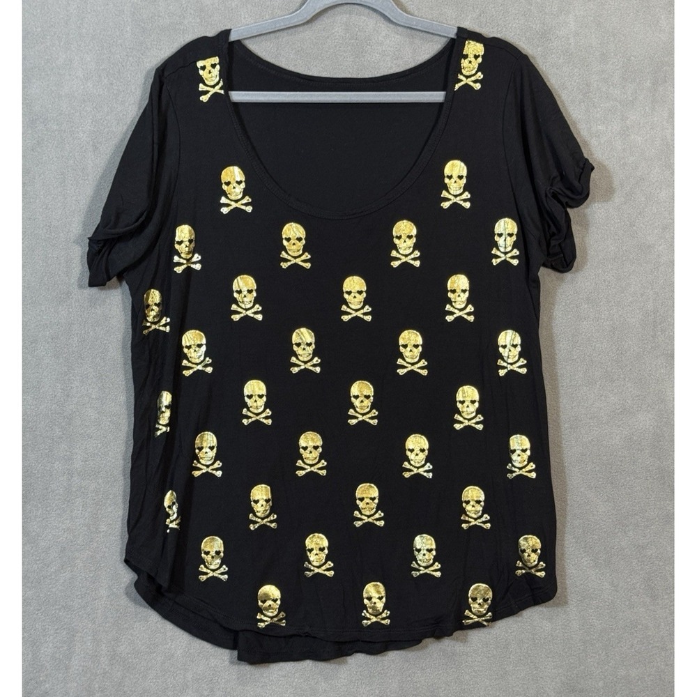 Black Gold‎ Foil Skull Heart Eyes Graphic Tee Scoop Neck XL